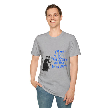 Banksy T-Shirt — 'I’m Out of Bed and Dressed, What More Do You Want?' Rat Graphic Tee