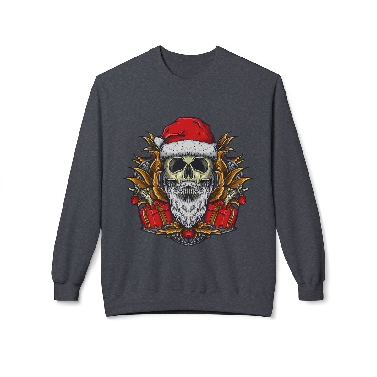 Skull Santa — Edgy Christmas Skull with Santa Hat and Gifts Crewneck Sweatshirt
