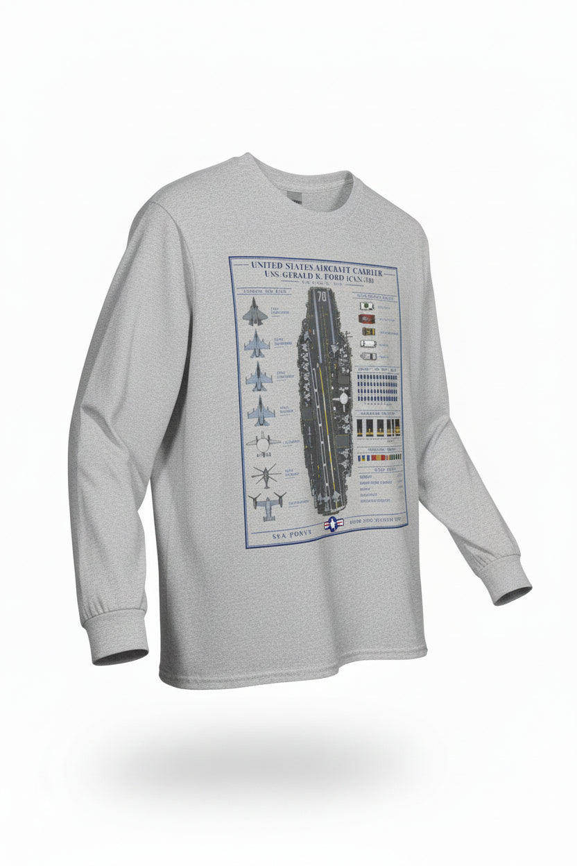 A light heather gray long-sleeve t-shirt with a detailed graphic print of the United States Aircraft Carrier USS Gerald R. Ford (CVN-78) on the front, displayed against a solid white background.
