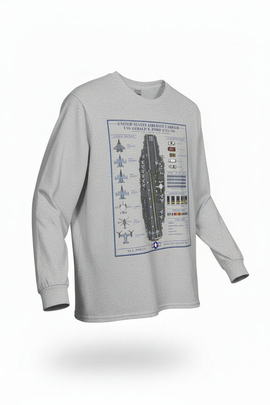 A light heather gray long-sleeve t-shirt with a detailed graphic print of the United States Aircraft Carrier USS Gerald R. Ford (CVN-78) on the front, displayed against a solid white background.