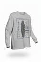 A light heather gray long-sleeve t-shirt with a detailed graphic print of the United States Aircraft Carrier USS Gerald R. Ford (CVN-78) on the front, displayed against a solid white background.