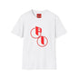 Parker Industries Graphic Tee — Red Circular Monogram Design