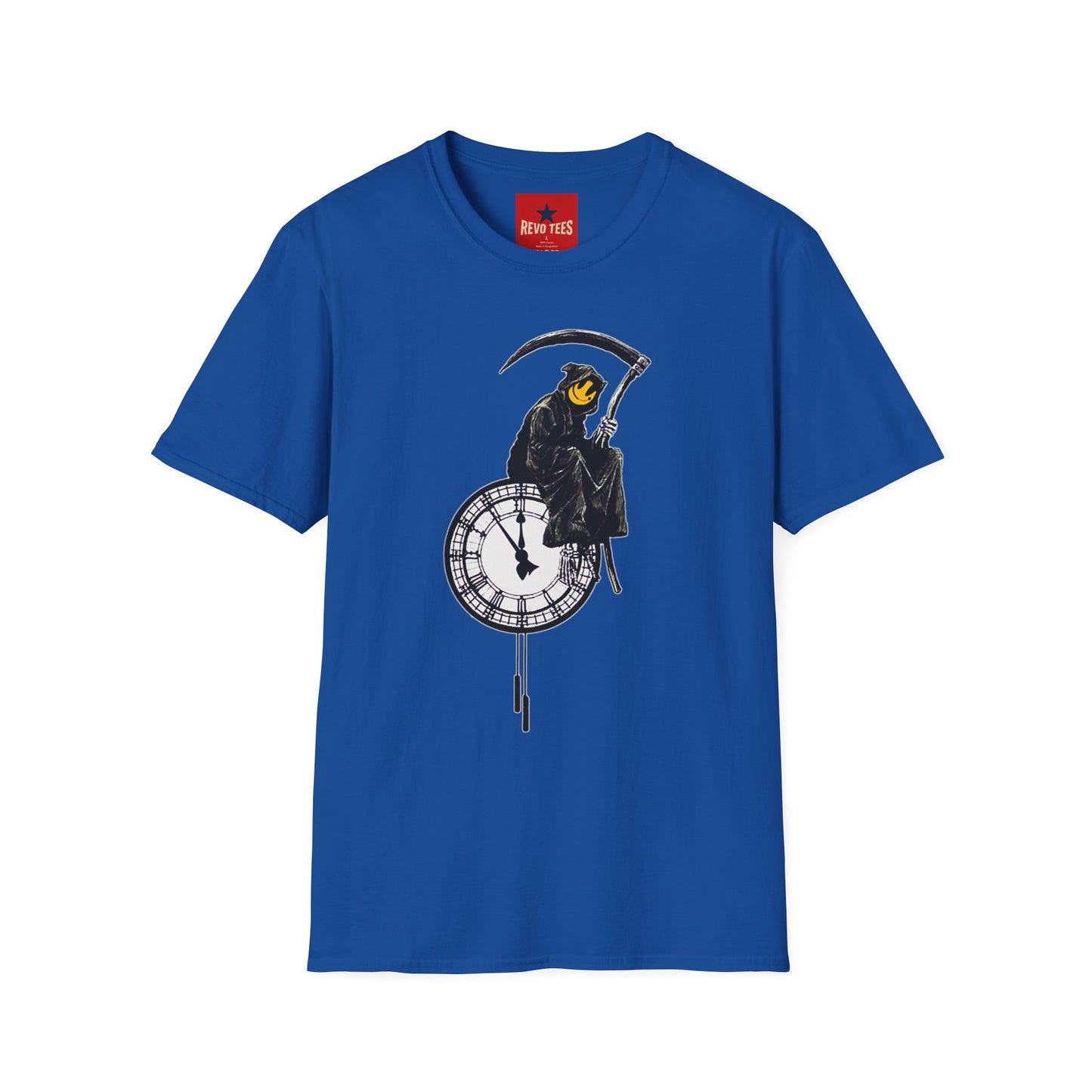 Banksy T‑Shirt — Grim Reaper Clock Graphic Tee (Smiley Mask)