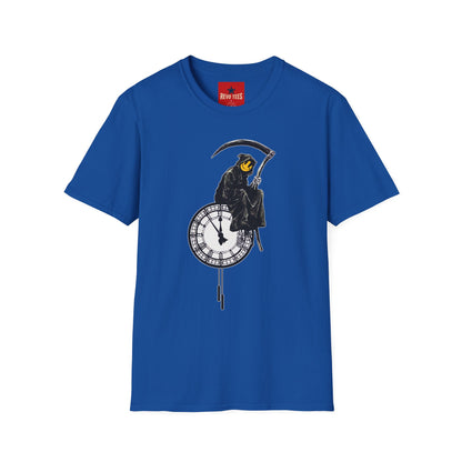 Banksy T‑Shirt — Grim Reaper Clock Graphic Tee (Smiley Mask)