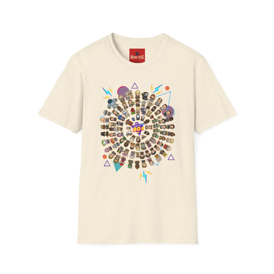 Retro Character Spiral T-Shirt — 80s Cartoon Cast Design