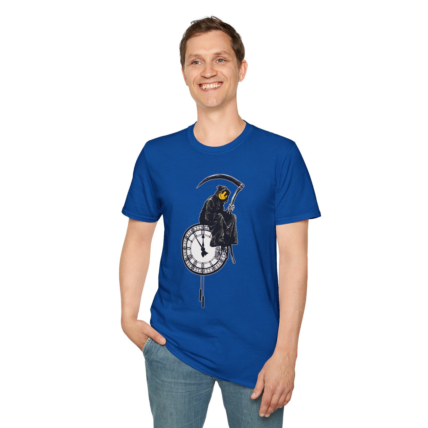 Banksy T‑Shirt — Grim Reaper Clock Graphic Tee (Smiley Mask)