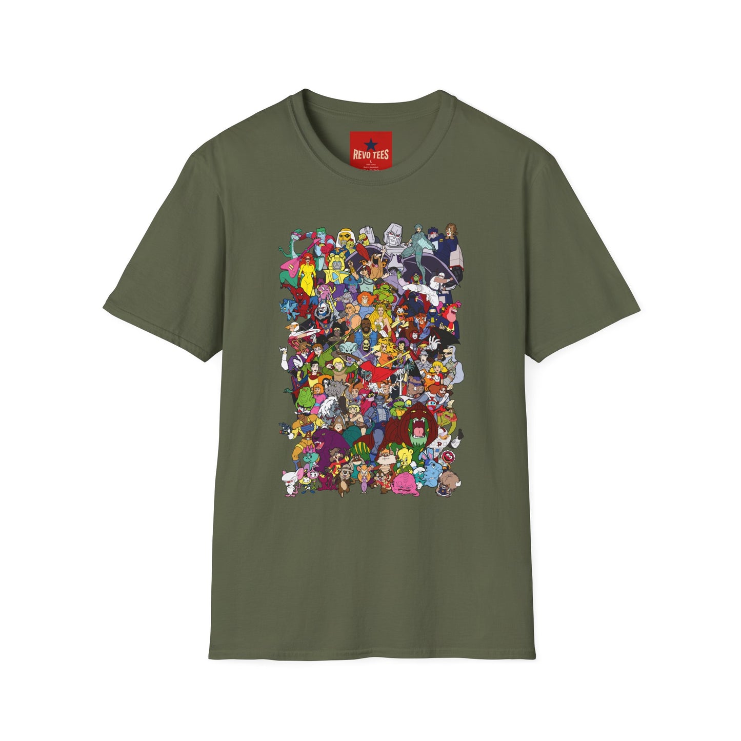 T-Shirt — Colorful Cartoon Characters Collage Graphic Tee