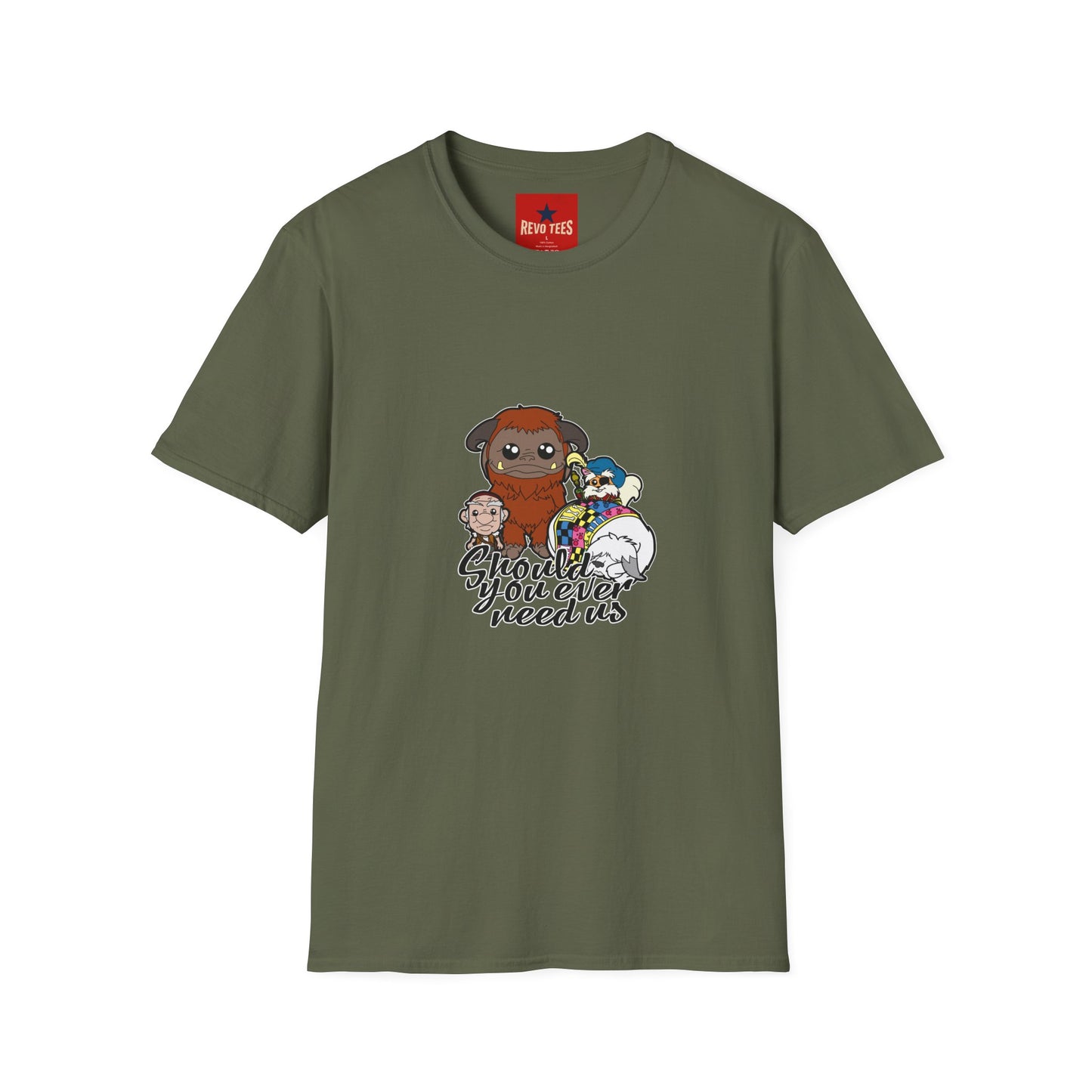 Cute Plush Creature T-Shirt — “Shoulder You Ever Need Us” Cartoon Group Tee