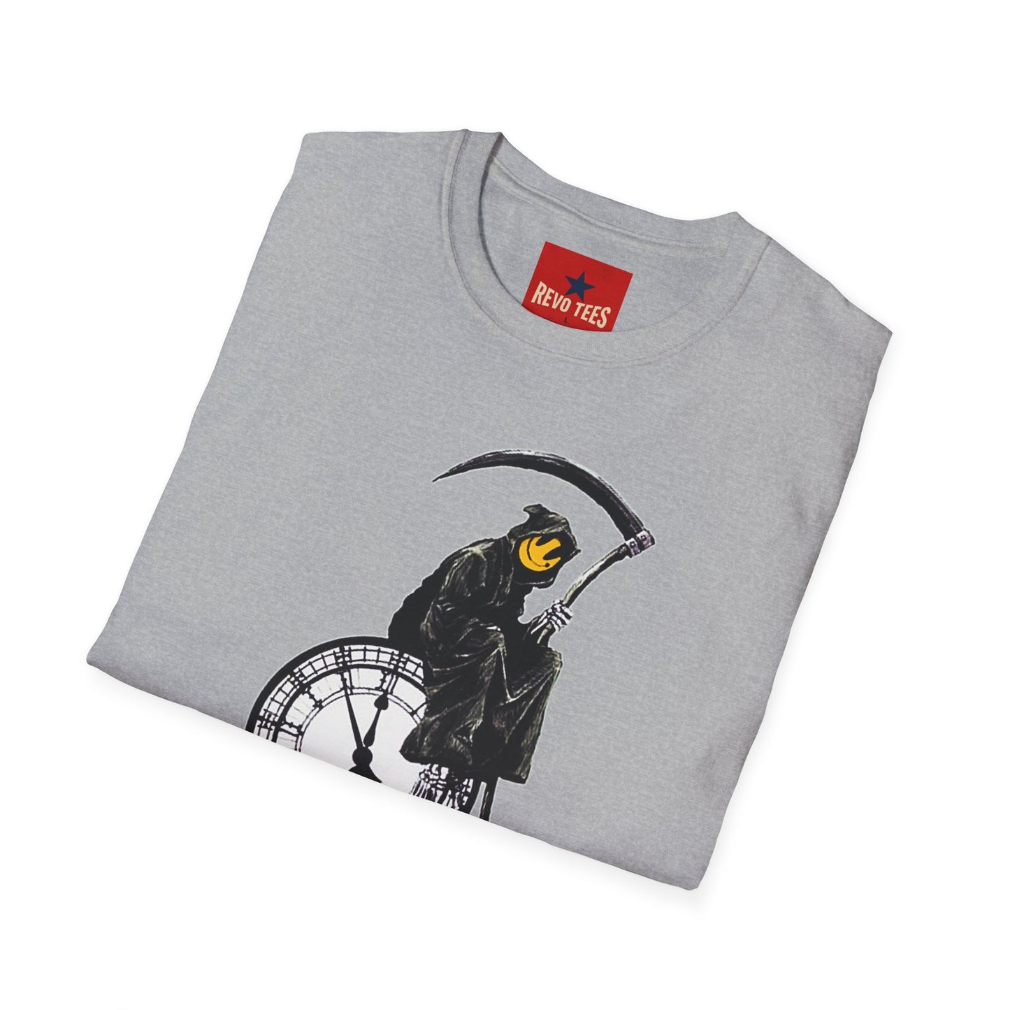 Banksy T‑Shirt — Grim Reaper Clock Graphic Tee (Smiley Mask)