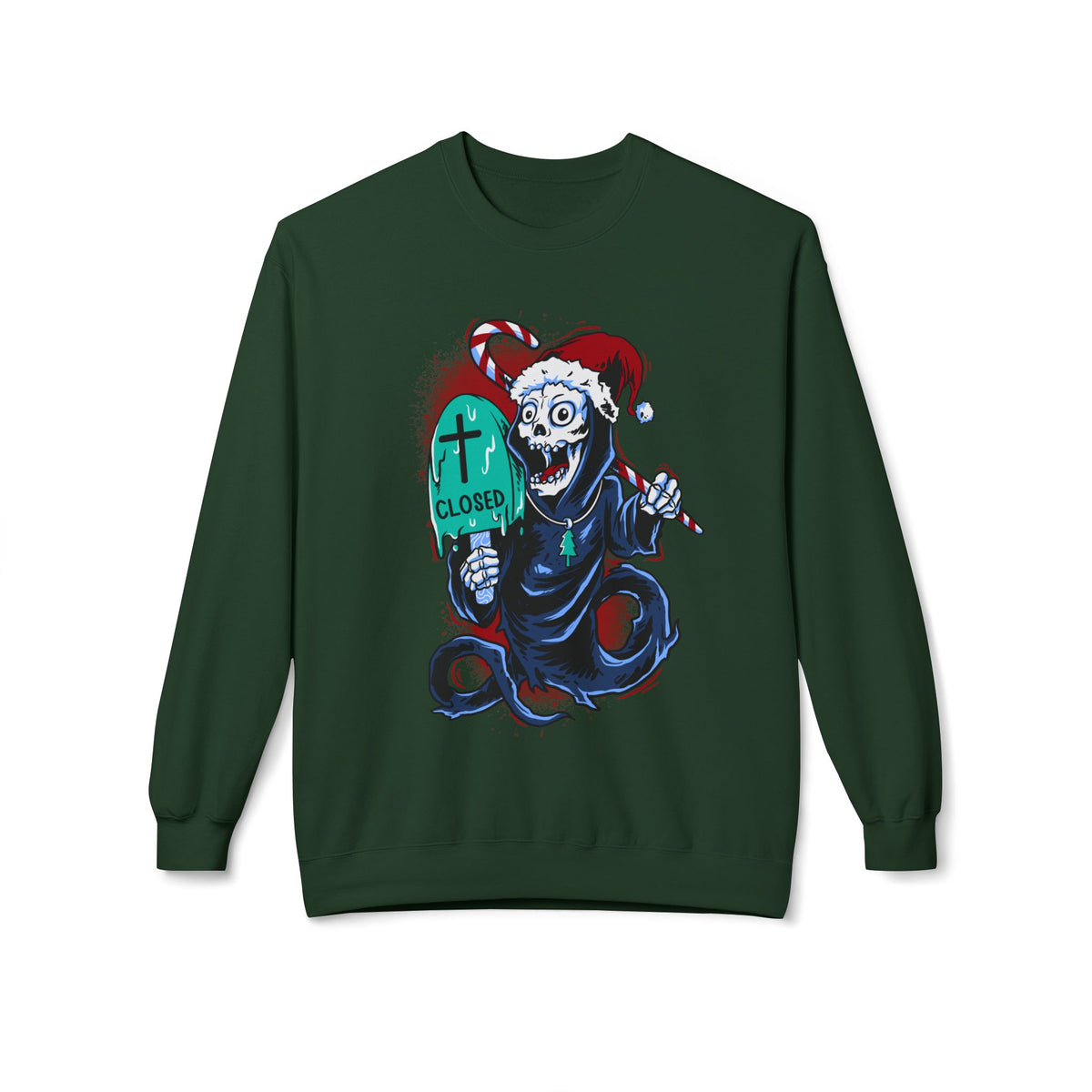 Christmas Reaper — 'Closed' Tombstone Holiday Horror Design Crewneck Sweatshirt