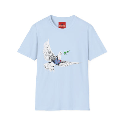 Banksy's Dove of Peace T‑Shirt — Flying Dove with Olive Branch & Earth Heart Graphic