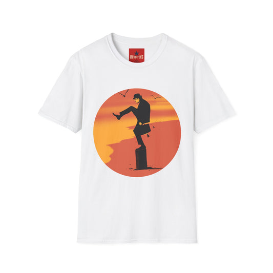 Sunset Silhouette T-Shirt — Kicking Man Retro Beach Graphic
