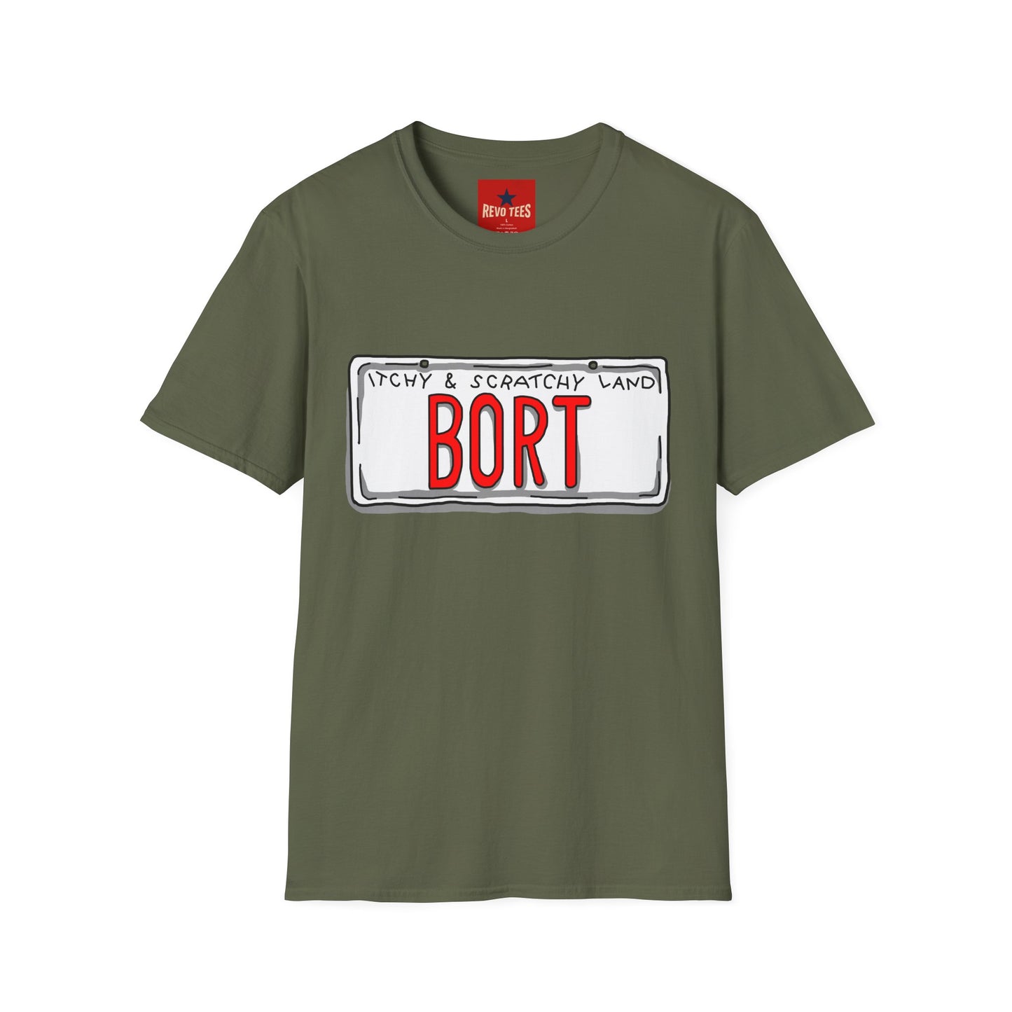 BORT License Plate T‑Shirt — 'Itchy & Scratchy Land' Retro TV Fan Tee