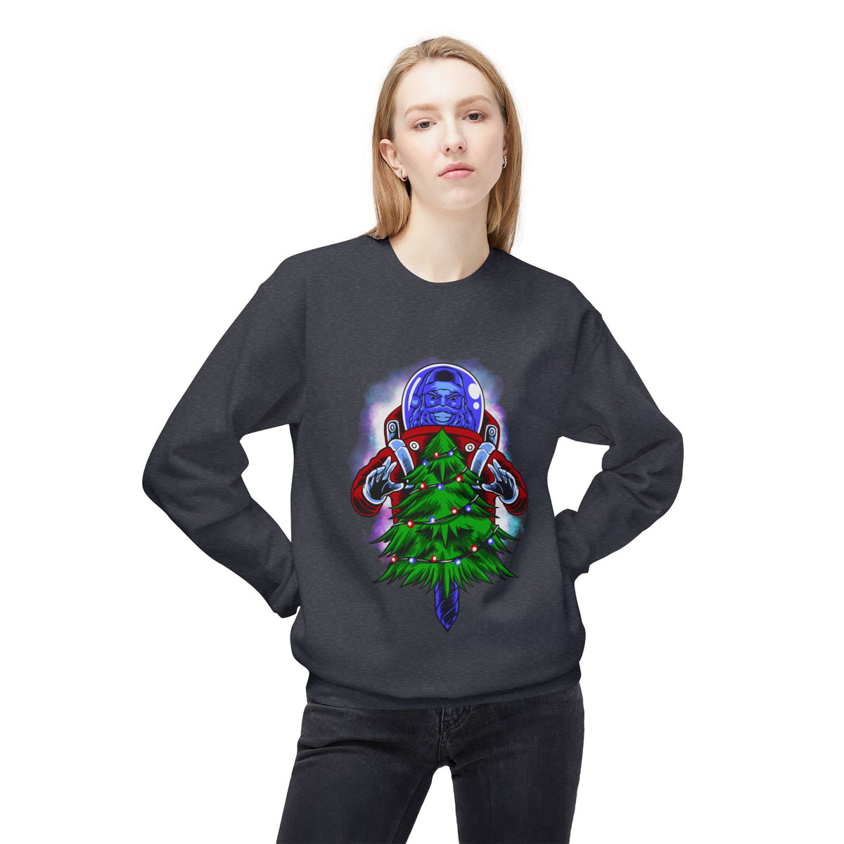 Astronaut Santa Pouncing on a Christmas Tree Crewneck Sweatshirt