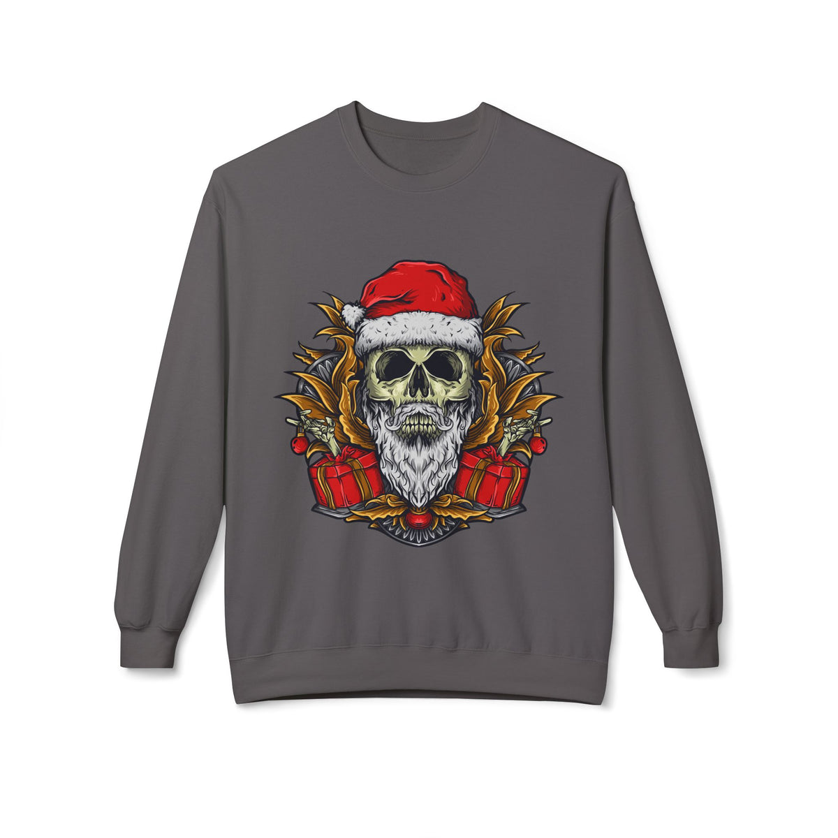Skull Santa — Edgy Christmas Skull with Santa Hat and Gifts Crewneck Sweatshirt