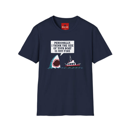 Shark Joke T-Shirt — "Personally, I Think the Size of Your Boat Is Just Fine" Graphic Tee
