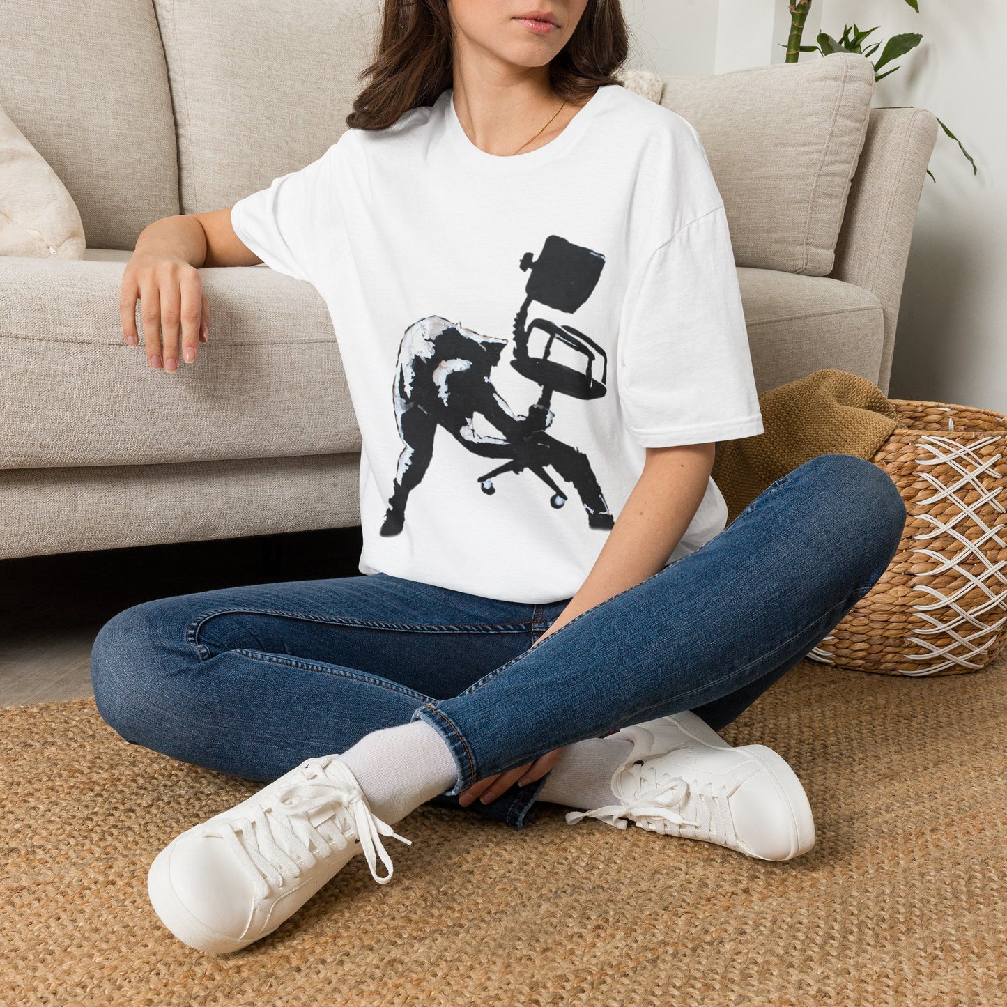 Banksy T-Shirt — Black Cat Tossing Office Chair Graphic Tee
