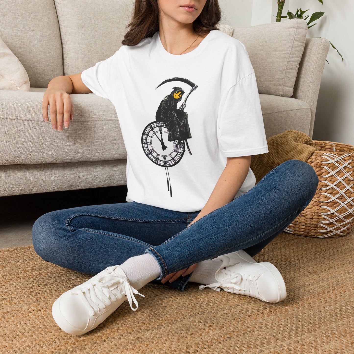 Banksy T‑Shirt — Grim Reaper Clock Graphic Tee (Smiley Mask)