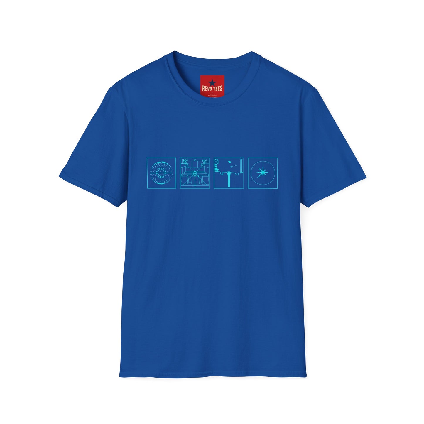 Minimal Celestial Icons T-Shirt — Light Blue Astrological Symbols