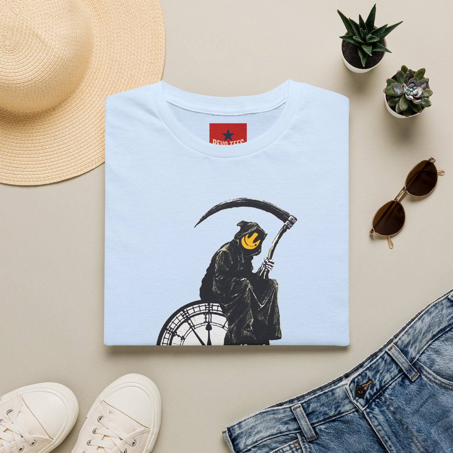 Banksy T‑Shirt — Grim Reaper Clock Graphic Tee (Smiley Mask)