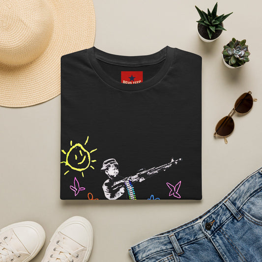 T-Shirt — Banksy Style Soldier with Childlike Doodle Flowers