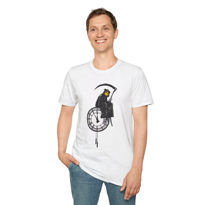 Banksy T‑Shirt — Grim Reaper Clock Graphic Tee (Smiley Mask)