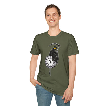 Banksy T‑Shirt — Grim Reaper Clock Graphic Tee (Smiley Mask)
