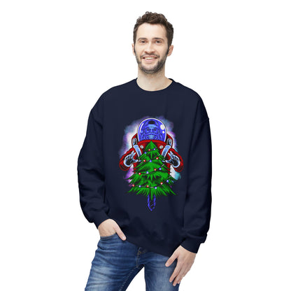 Astronaut Santa Pouncing on a Christmas Tree Crewneck Sweatshirt