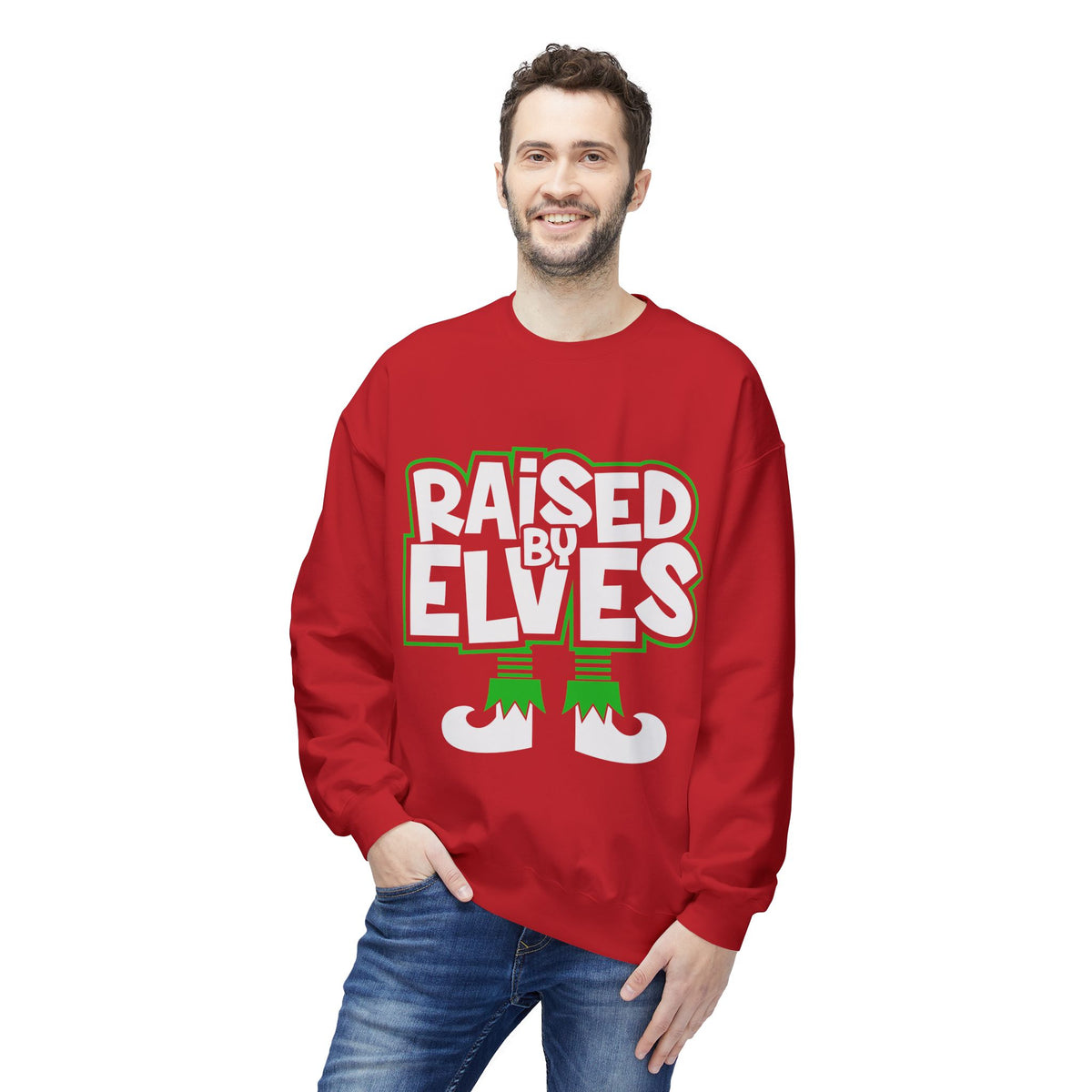 Raised by Elves Sweatshirt – Christmas Funny Holiday Crewneck