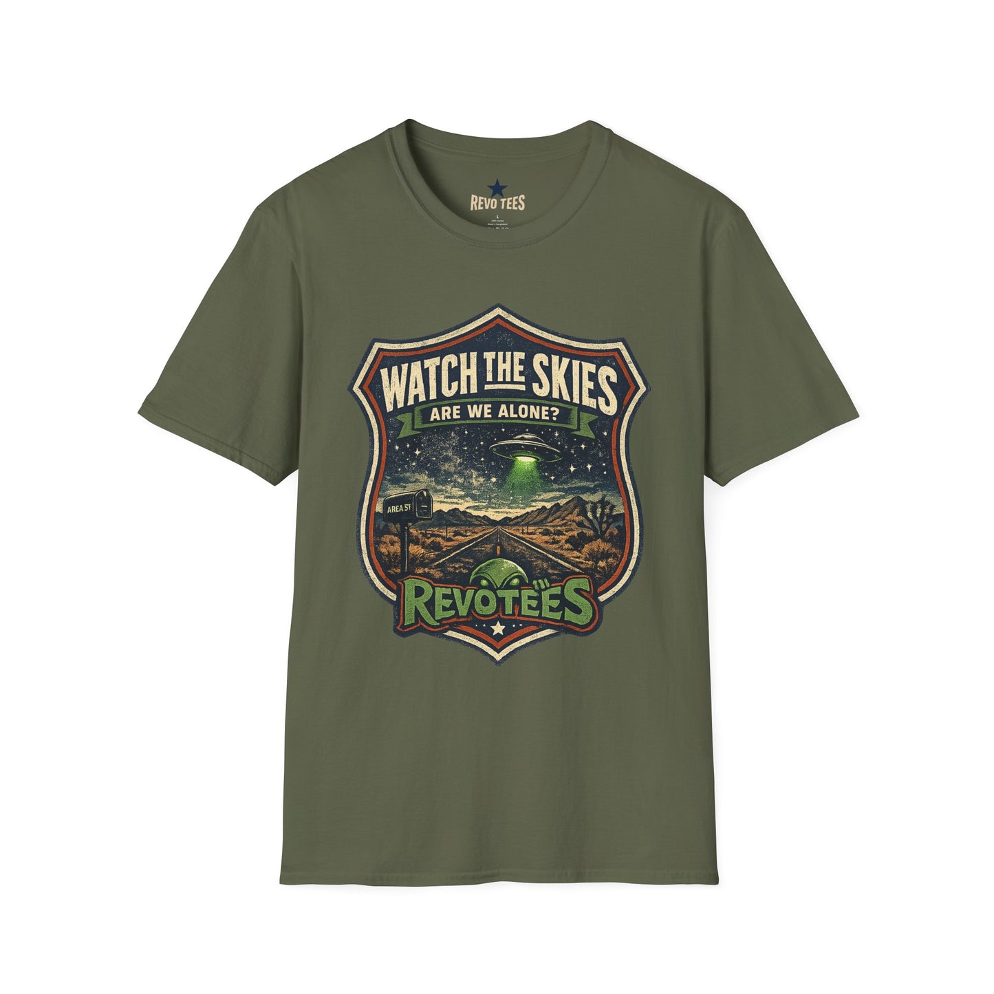 REVOTEES Watch the Skies T‑Shirt — “Are We Alone?” UFO Retro Graphic Tee