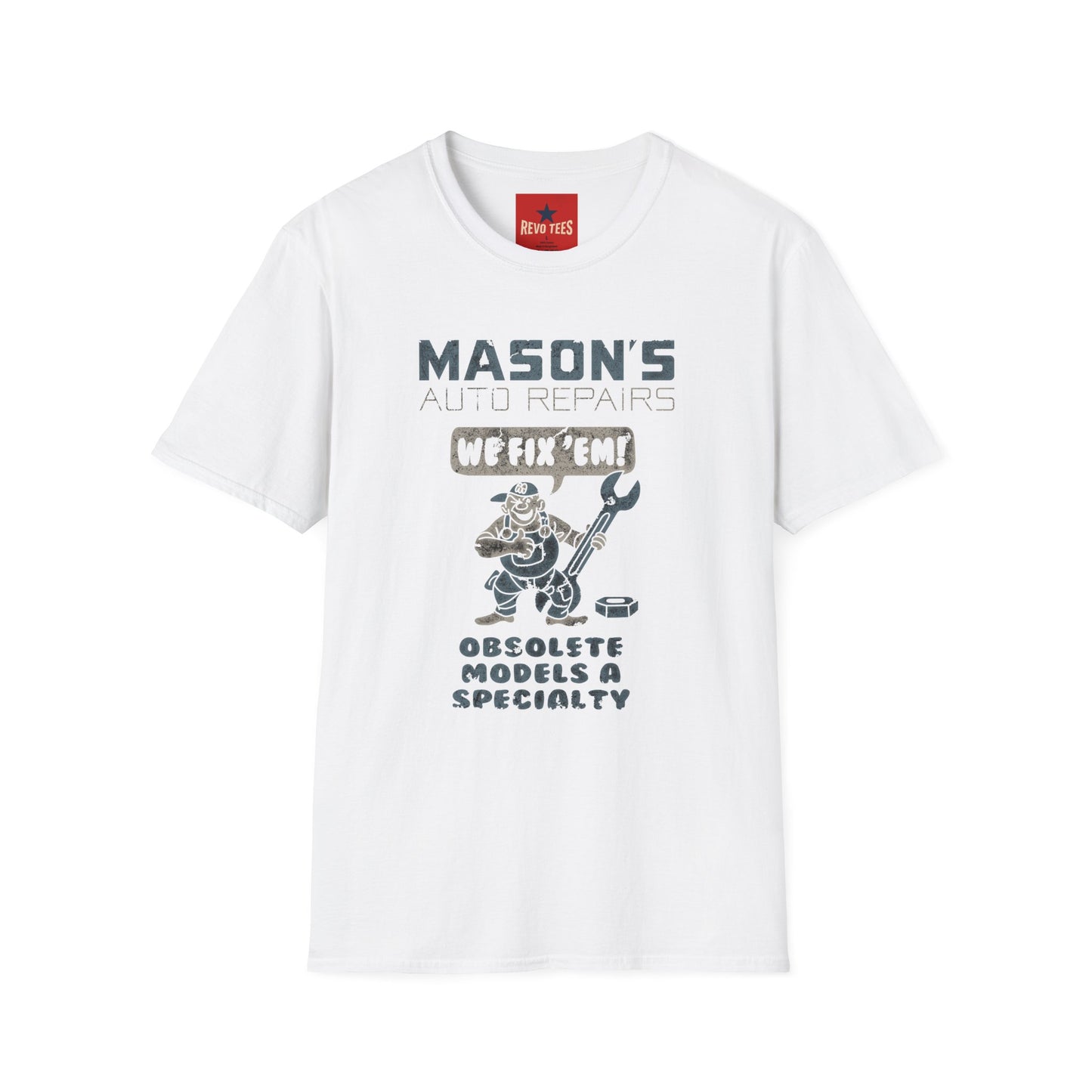 Mechanic Shop T‑Shirt — "Mason's Auto Repairs: We Fix 'Em" Vintage Garage Tee