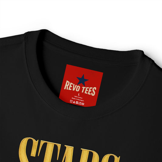 REVOTEES Stars Don't Queue Graphic Tee — Gold Lettering Oversized Boxy T‑Shirt