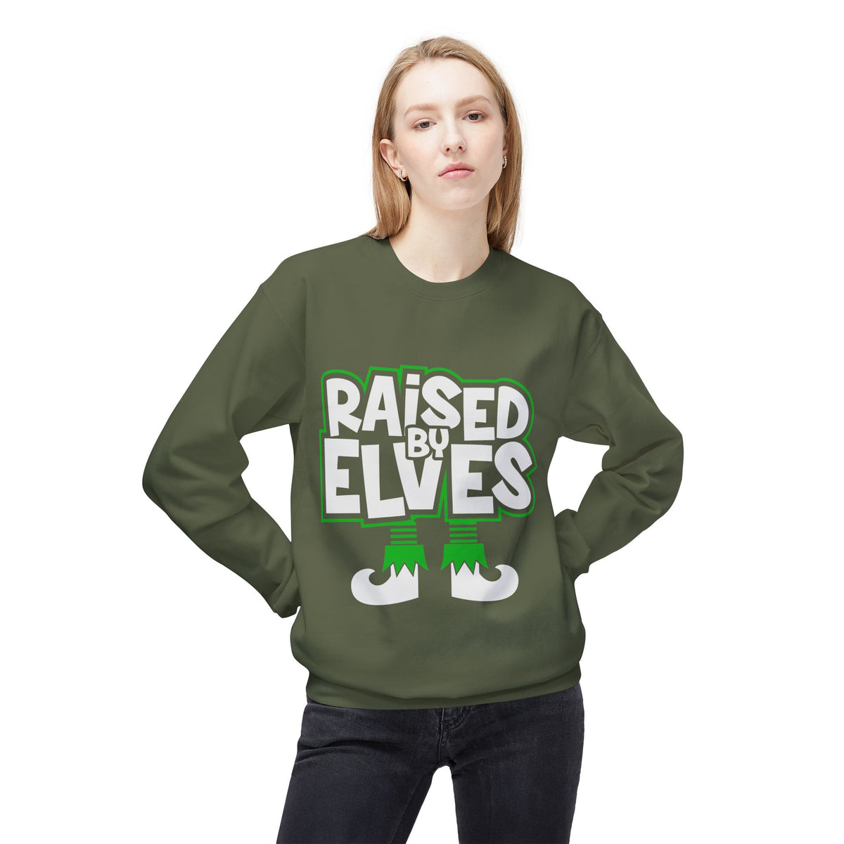 Raised by Elves Sweatshirt – Christmas Funny Holiday Crewneck
