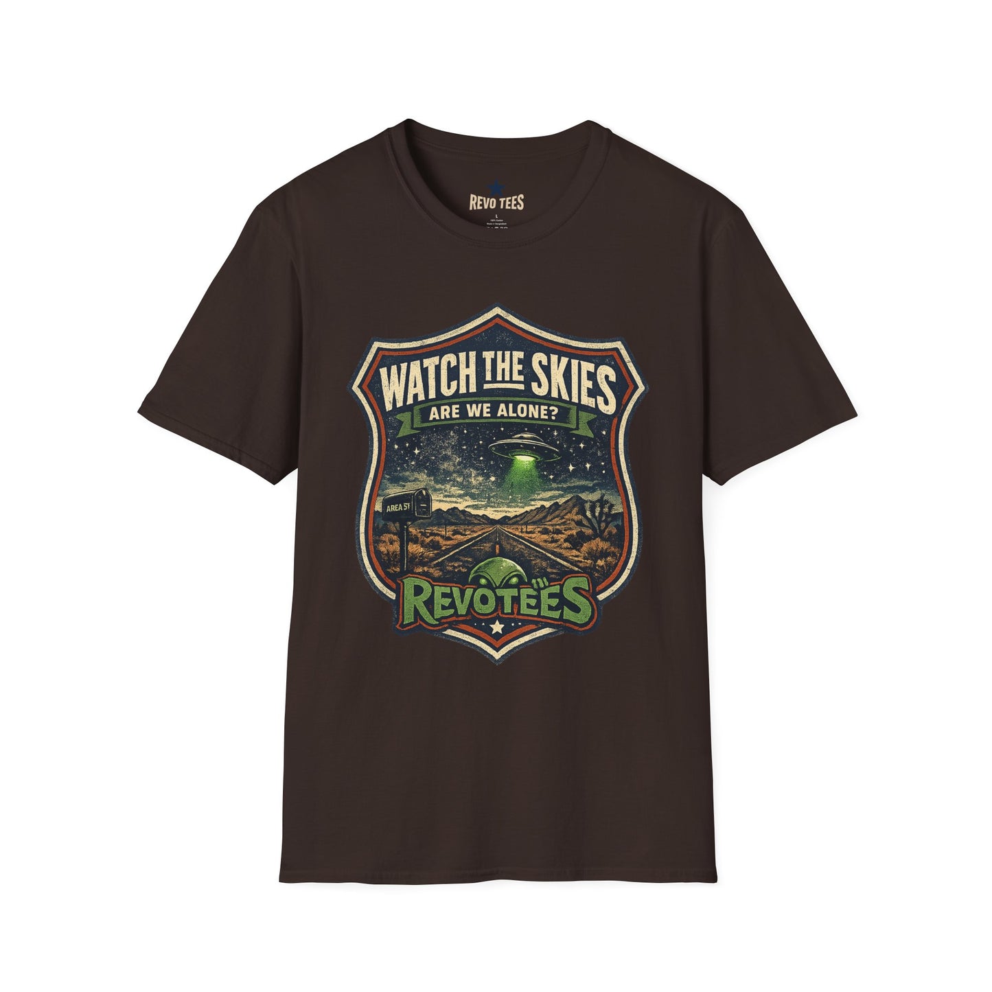 REVOTEES Watch the Skies T‑Shirt — “Are We Alone?” UFO Retro Graphic Tee