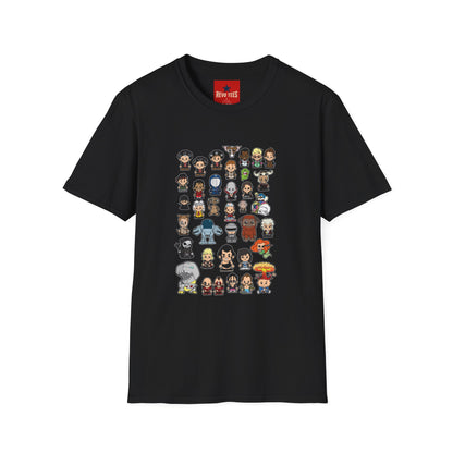 Cute Chibi Characters Crewneck T‑Shirt — Cartoon Character Grid Tee