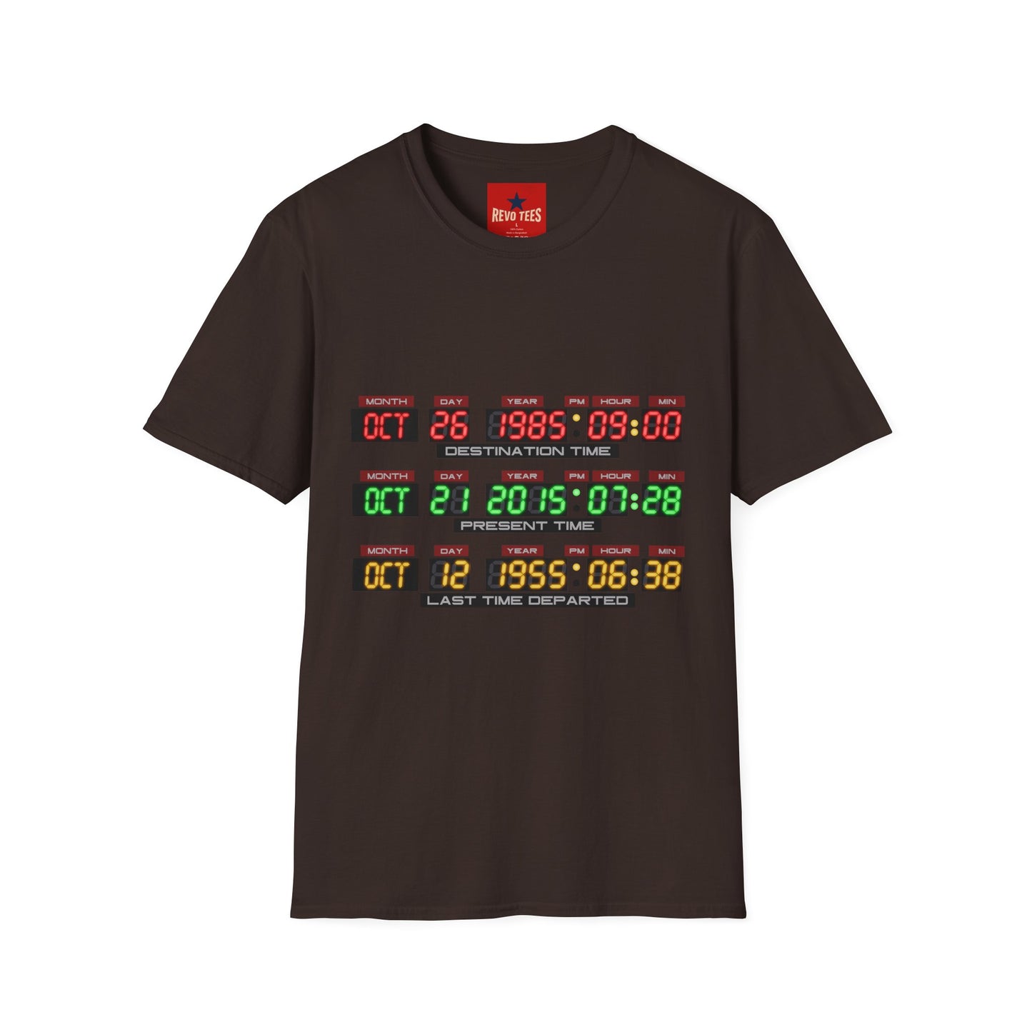 T‑Shirt — Back to the Future Time Display Graphic (Oct 26 1985 / Oct 21 2015)
