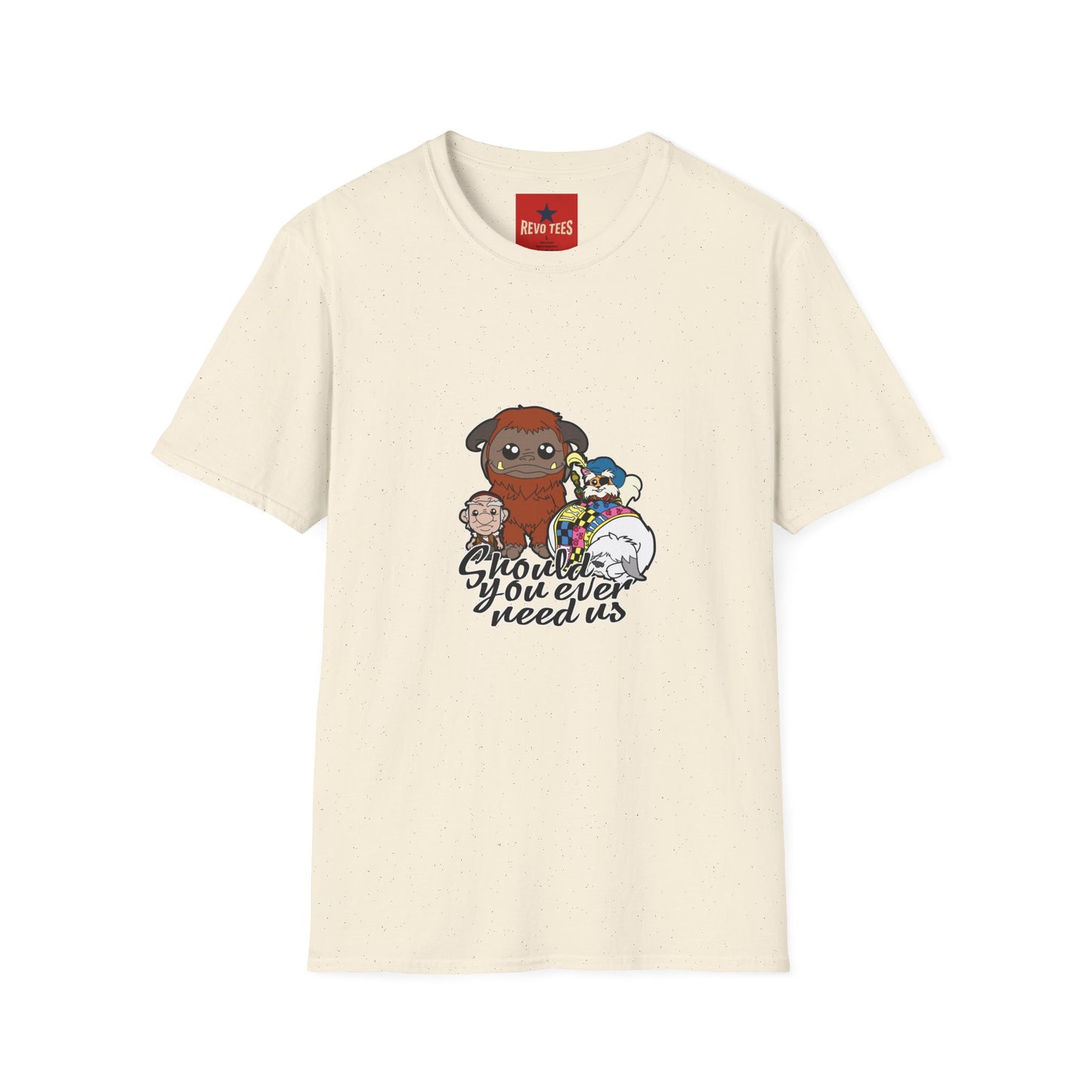 Cute Plush Creature T-Shirt — “Shoulder You Ever Need Us” Cartoon Group Tee