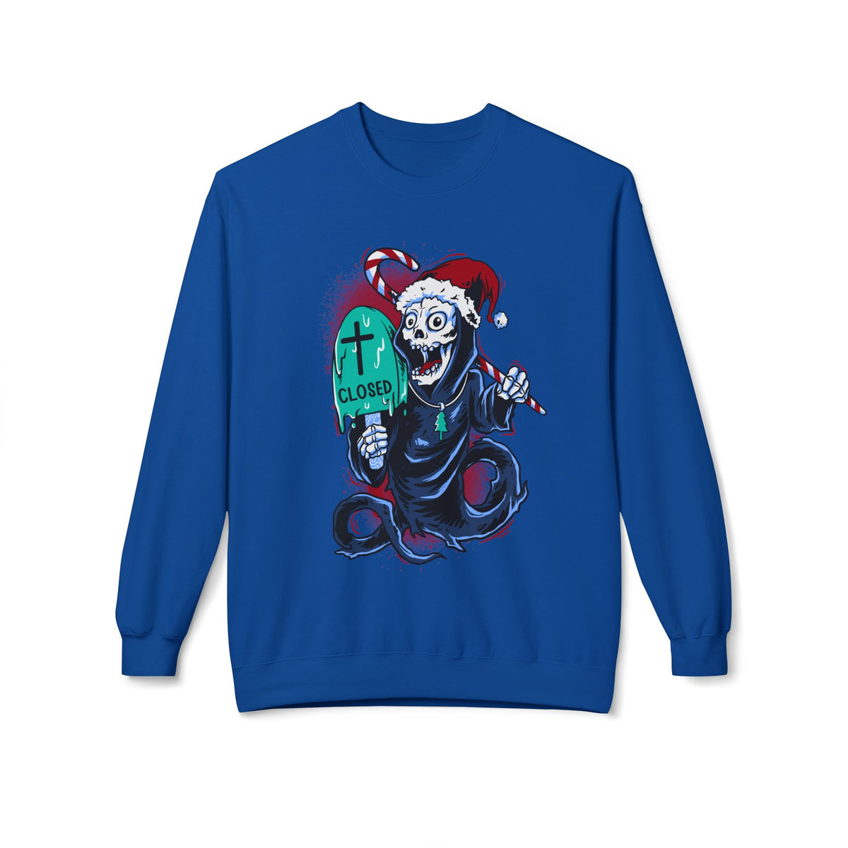 Christmas Reaper — 'Closed' Tombstone Holiday Horror Design Crewneck Sweatshirt
