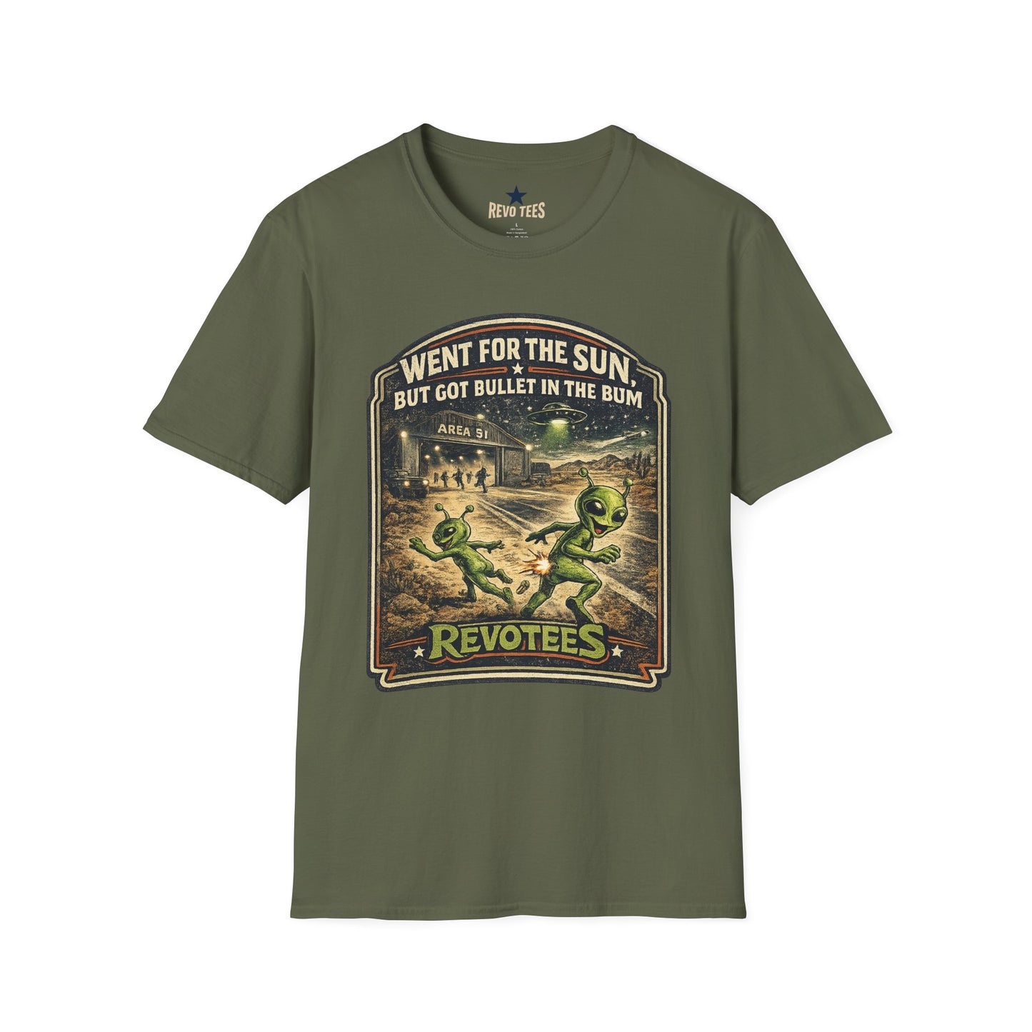 REVOTEES Alien Roadtrip Graphic Tee — "Went For The Sun But Got Bullet In The Bum"