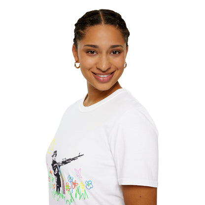 T-Shirt — Banksy Style Soldier with Childlike Doodle Flowers