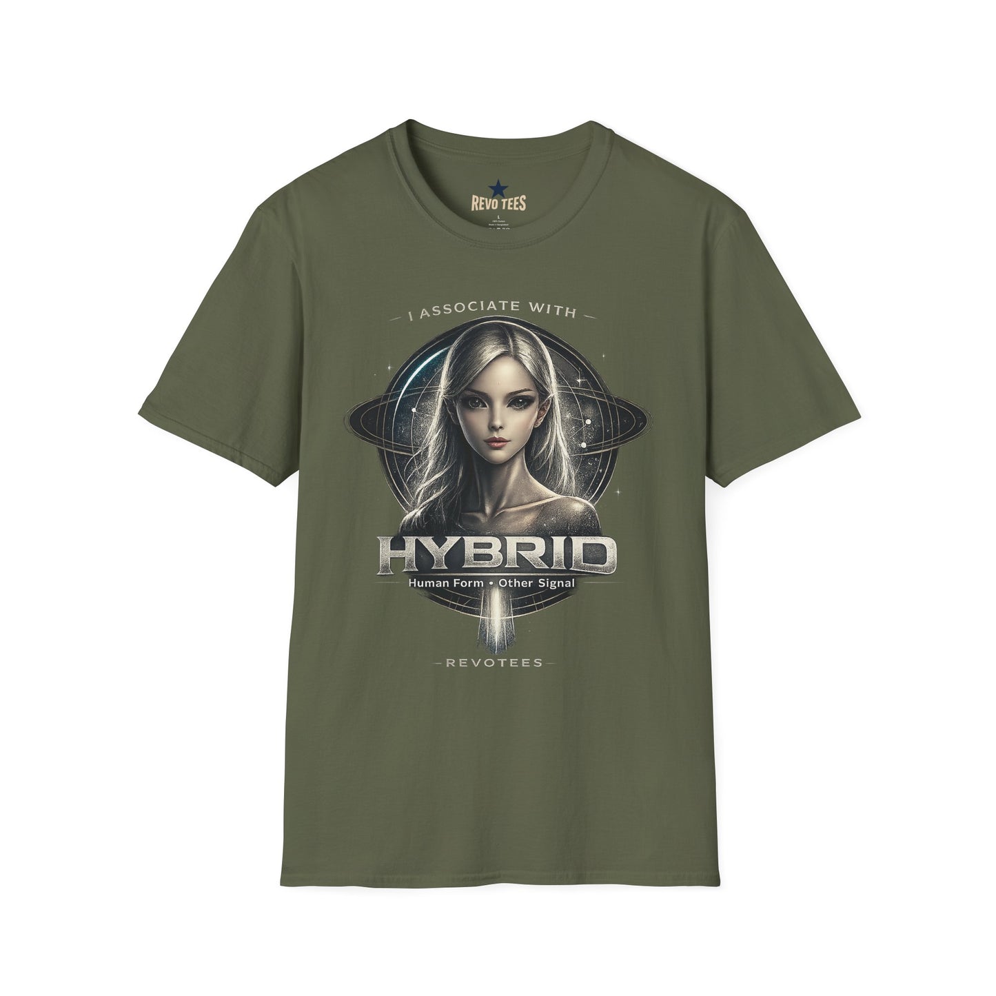 REVOTEES Hybrid Alien Graphic Tee — "I Associate With" Sci‑Fi Cosmic Portrait Shirt