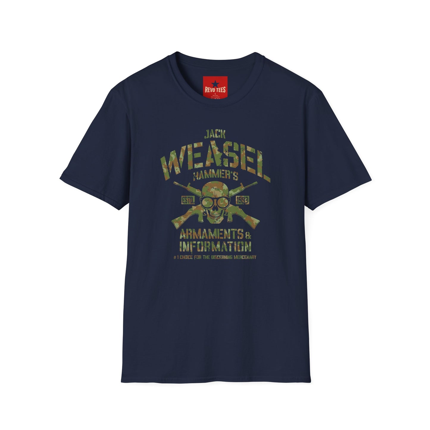 Weasel Hammer Skull Camo T-Shirt — Jack Weasel Armaments & Information Graphic Tee
