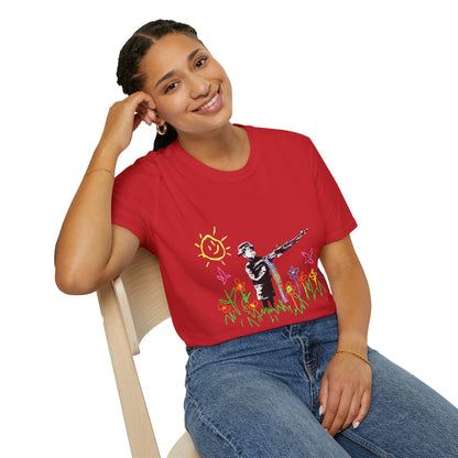 T-Shirt — Banksy Style Soldier with Childlike Doodle Flowers