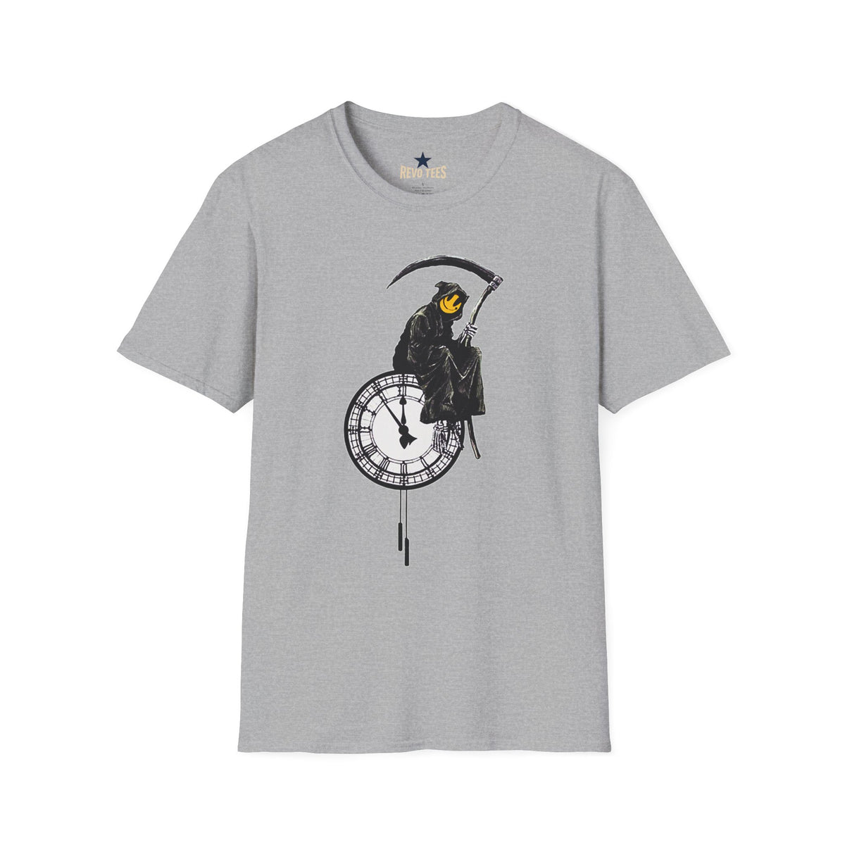 Revotees Banksy Grim Reaper Clock Graphic Smiley Mask T-Shirt - alternate view 3