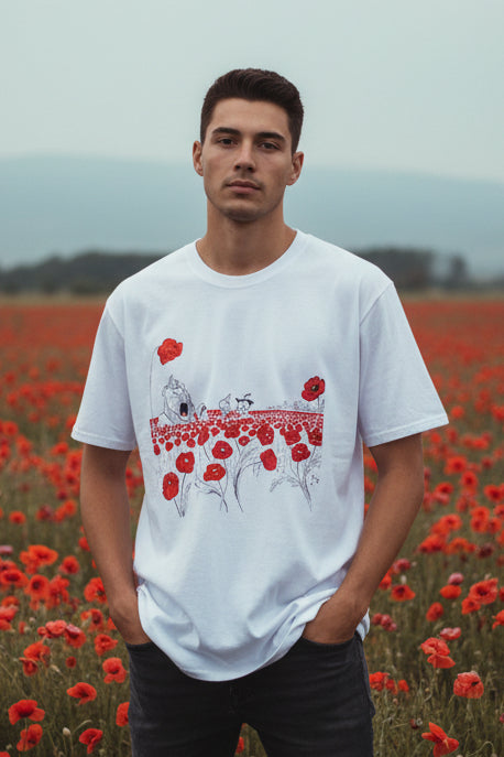 Poppy Field Shirt — Whimsical Floral Illustration Tee with Red Poppies