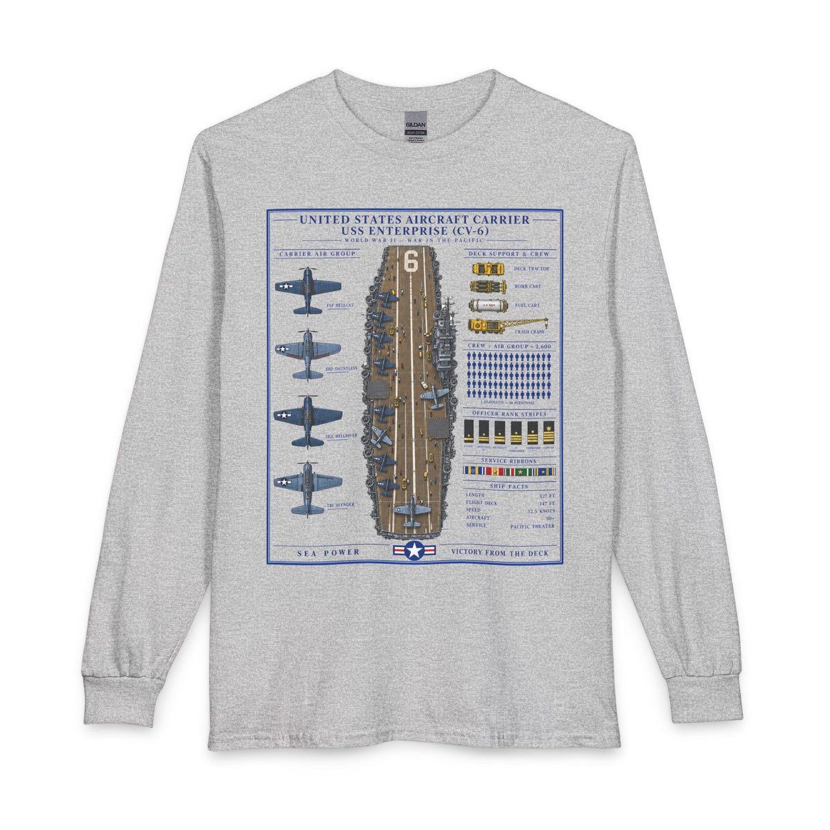 A light heather gray long-sleeve t-shirt with a detailed graphic print of the United States Aircraft Carrier USS Enterprise (CV-6) on the front, displayed against a solid white background.