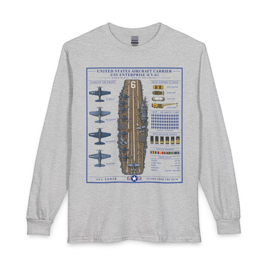 A light heather gray long-sleeve t-shirt with a detailed graphic print of the United States Aircraft Carrier USS Enterprise (CV-6) on the front, displayed against a solid white background.