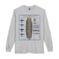 A light heather gray long-sleeve t-shirt with a detailed graphic print of the United States Aircraft Carrier USS Enterprise (CV-6) on the front, displayed against a solid white background.