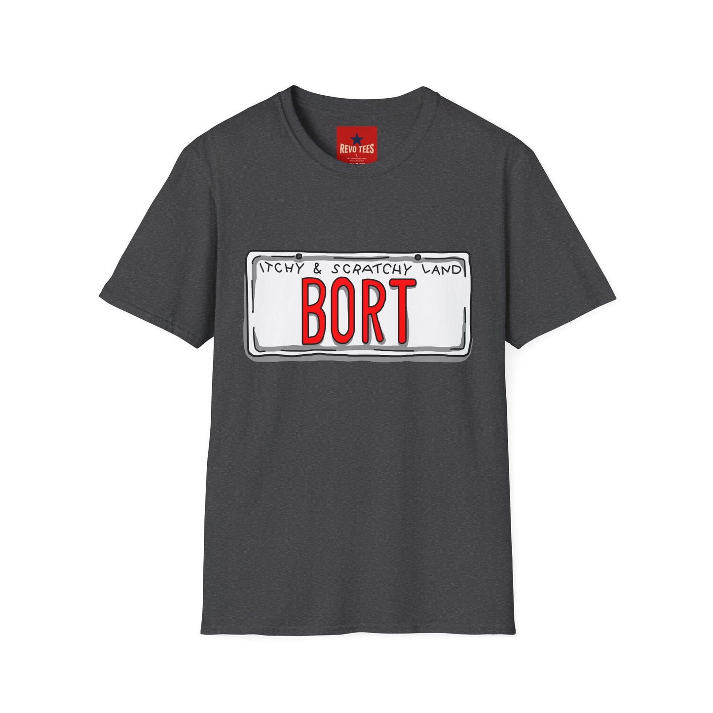 BORT License Plate T‑Shirt — 'Itchy & Scratchy Land' Retro TV Fan Tee