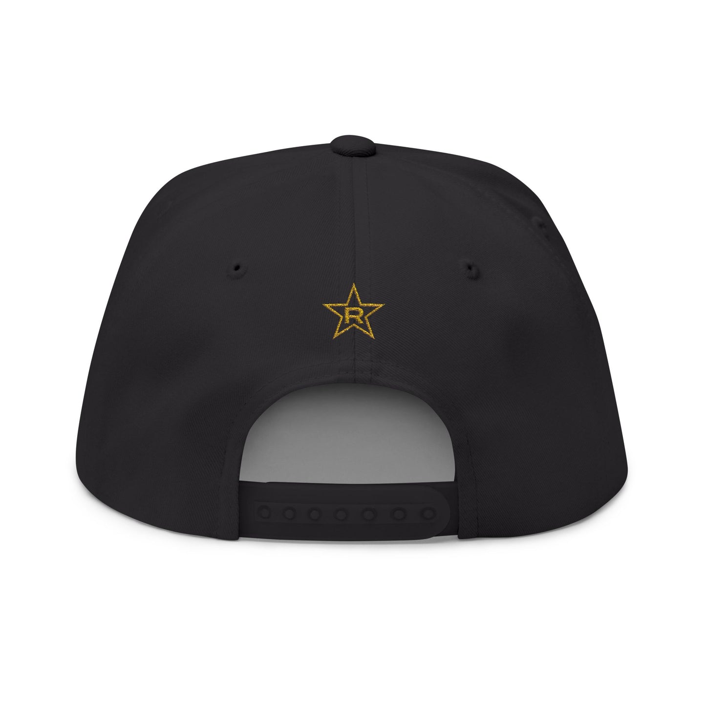 REVOTEES Embroidered Flat Bill Cap – BLACK_GOLD_WHITE Text with rear Gold Star